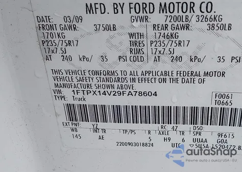 2009 Ford F-150 Fx4/Lariat/Xl/Xlt from USA, damaged, VIN 1FTPX14V29FA78604